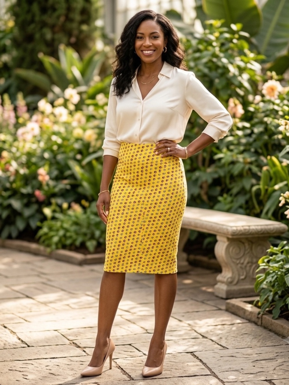 LuLaRoe Cassie Pencil Skirt Yellow Geometric 3D Cube Print -Size Medium